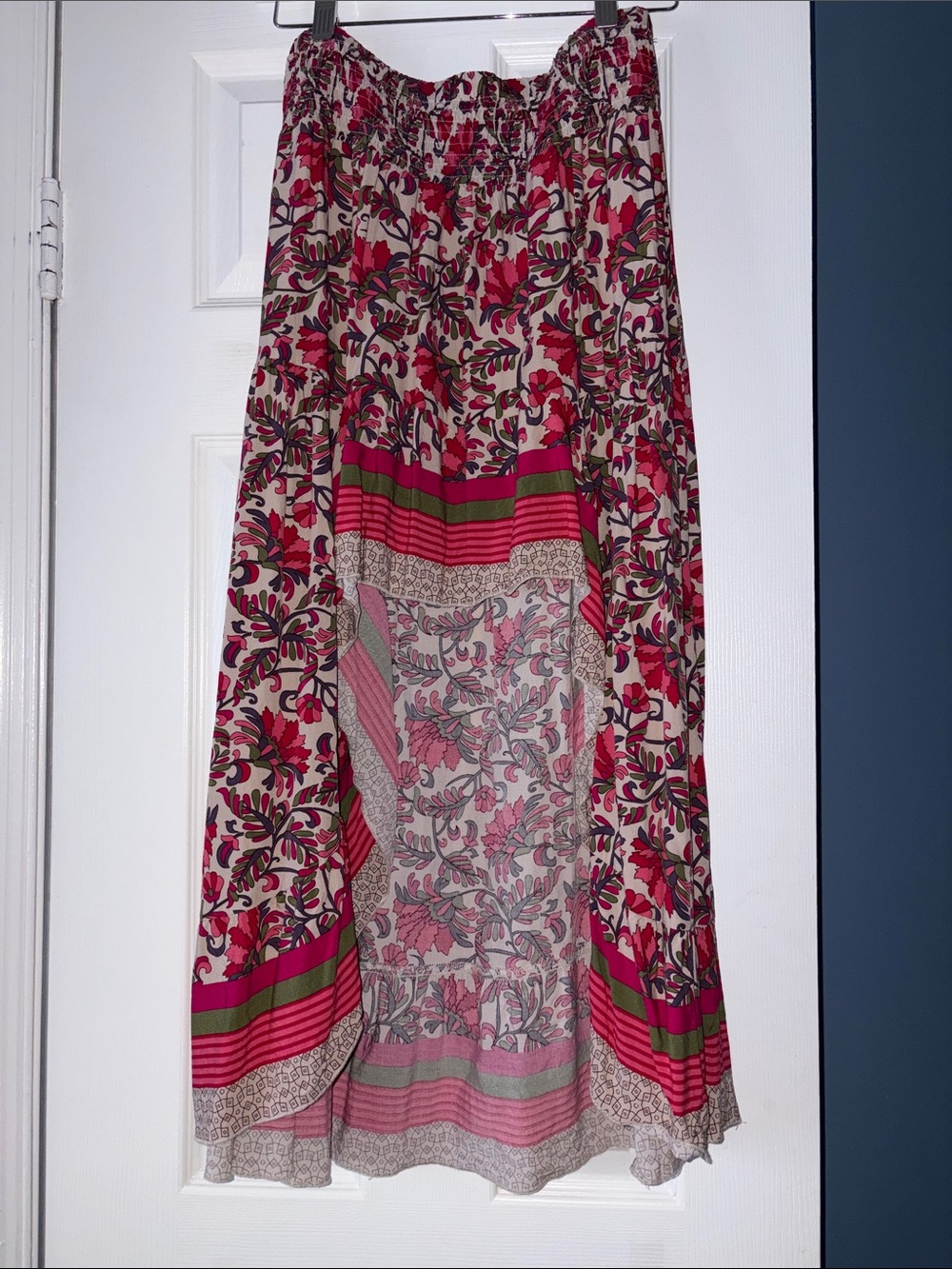 Pink Floral High-Low Maxi Skirt with Green Accent